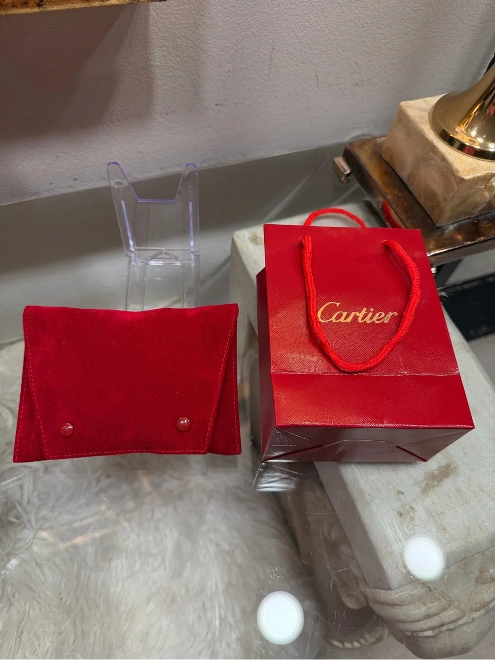 Cartier 3 piece~ Red Velvet Jewelry Sleeve with Gold Hardware, Gift Bag + Card